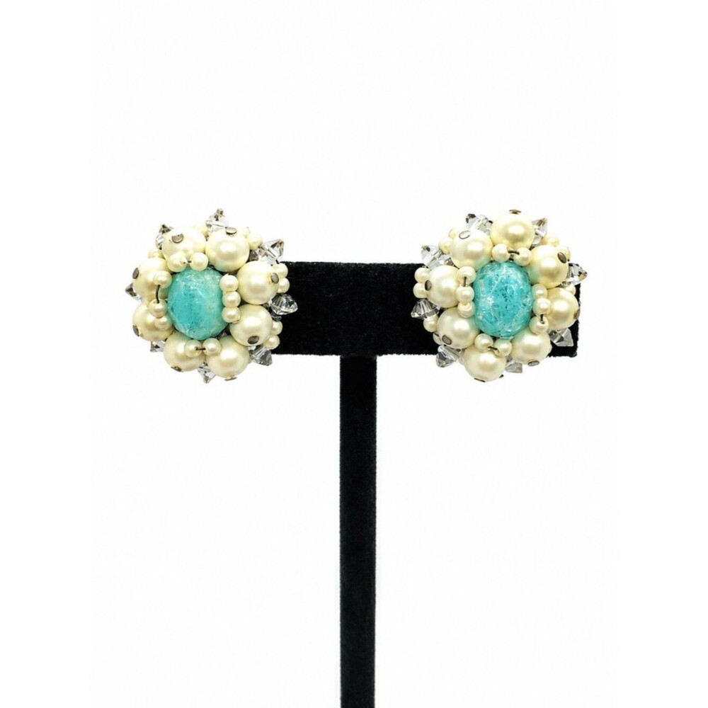 VINTAGE HOBE EARRINGS Faux Pearl Blue Acrylic Beaded Cluster Clip On